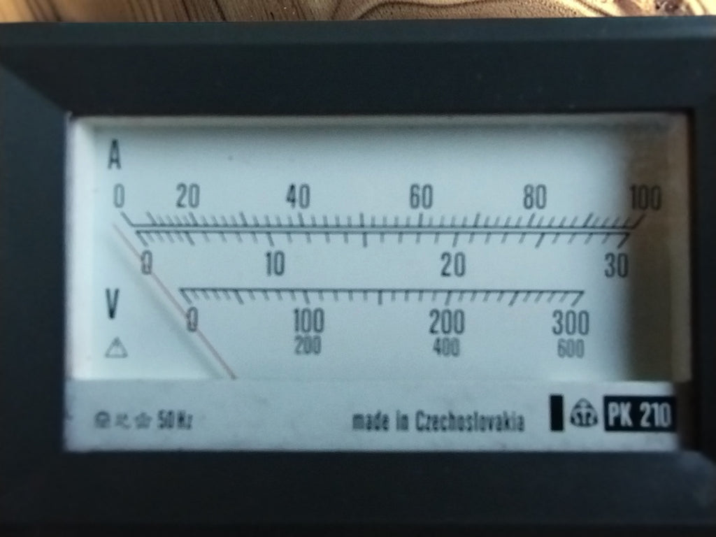 Metra Blansko PK 210 amp and volt scales with model marking and made in Czechoslovakia inscription
