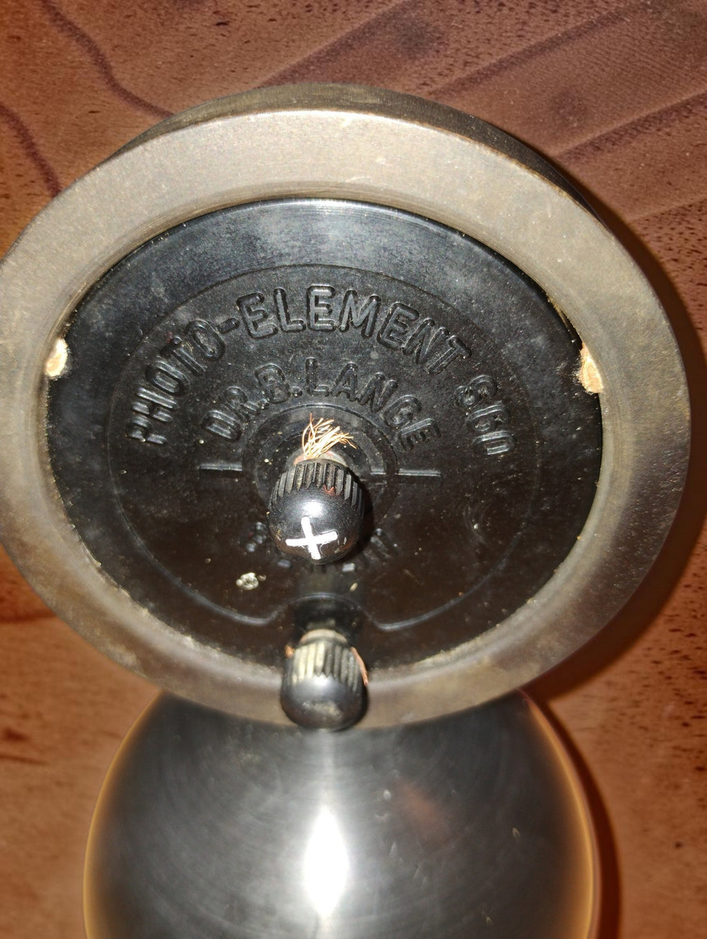 Close-up of the Photo-Element Dr. B. Lange Berlin markings and connection terminals on the S 60 photocell

