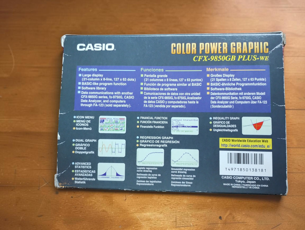 Back of the original Casio CFX-9850GB PLUS-WE box showing graphing features and multilingual specifications.
