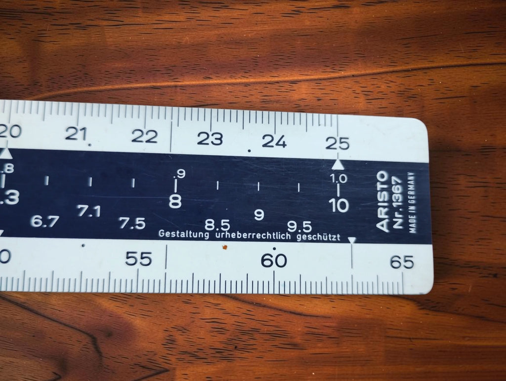 Close-up of the ARISTO No. 1367 scale ruler showing numbered scales and Made in Germany marking.
