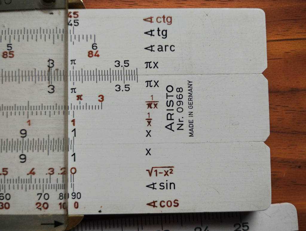 Detail of the ARISTO Studio No. 0968 slide rule showing trigonometric scales and Made in Germany marking.
