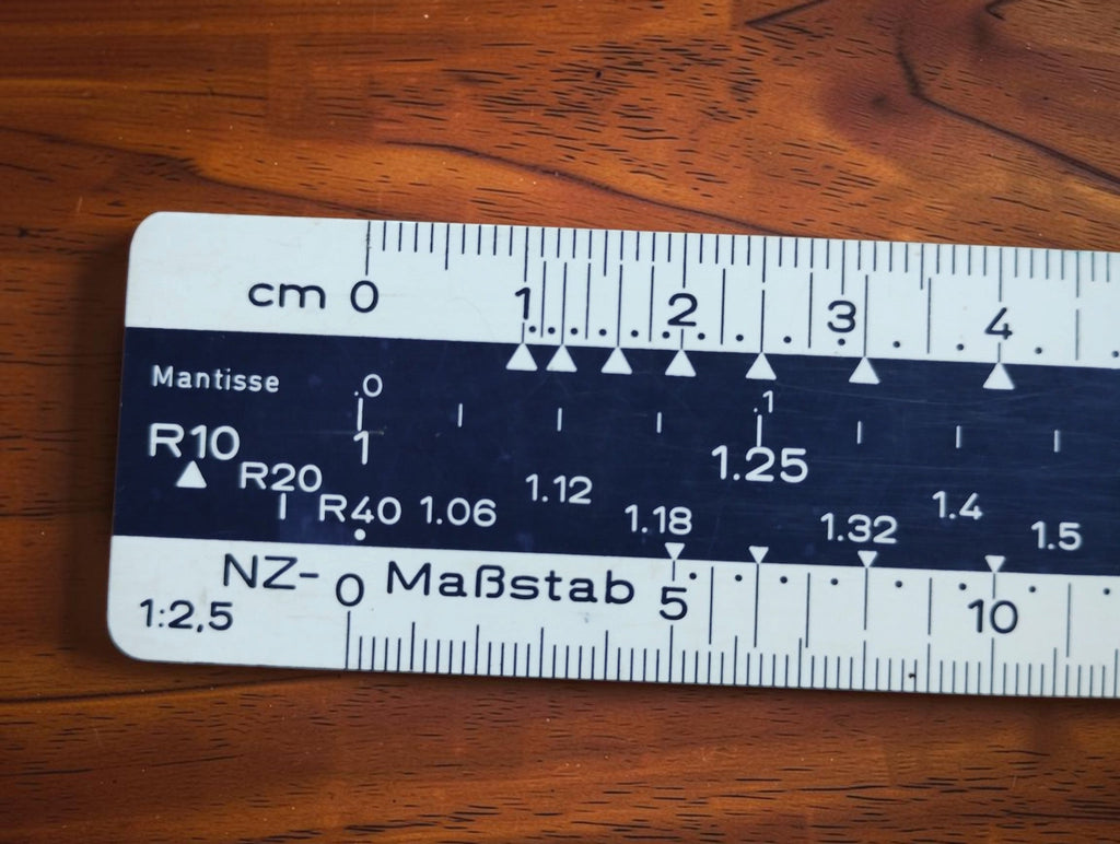 Detail of the ARISTO No. 1367 scale ruler showing centimeter graduations and R10, R20, and R40 scales.
