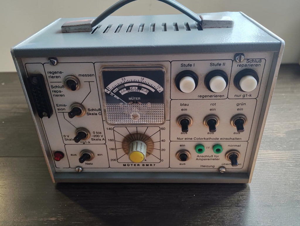 Müter BMR 7 CRT picture tube tester and regenerator with analog meter, toggle switches and carrying handle
