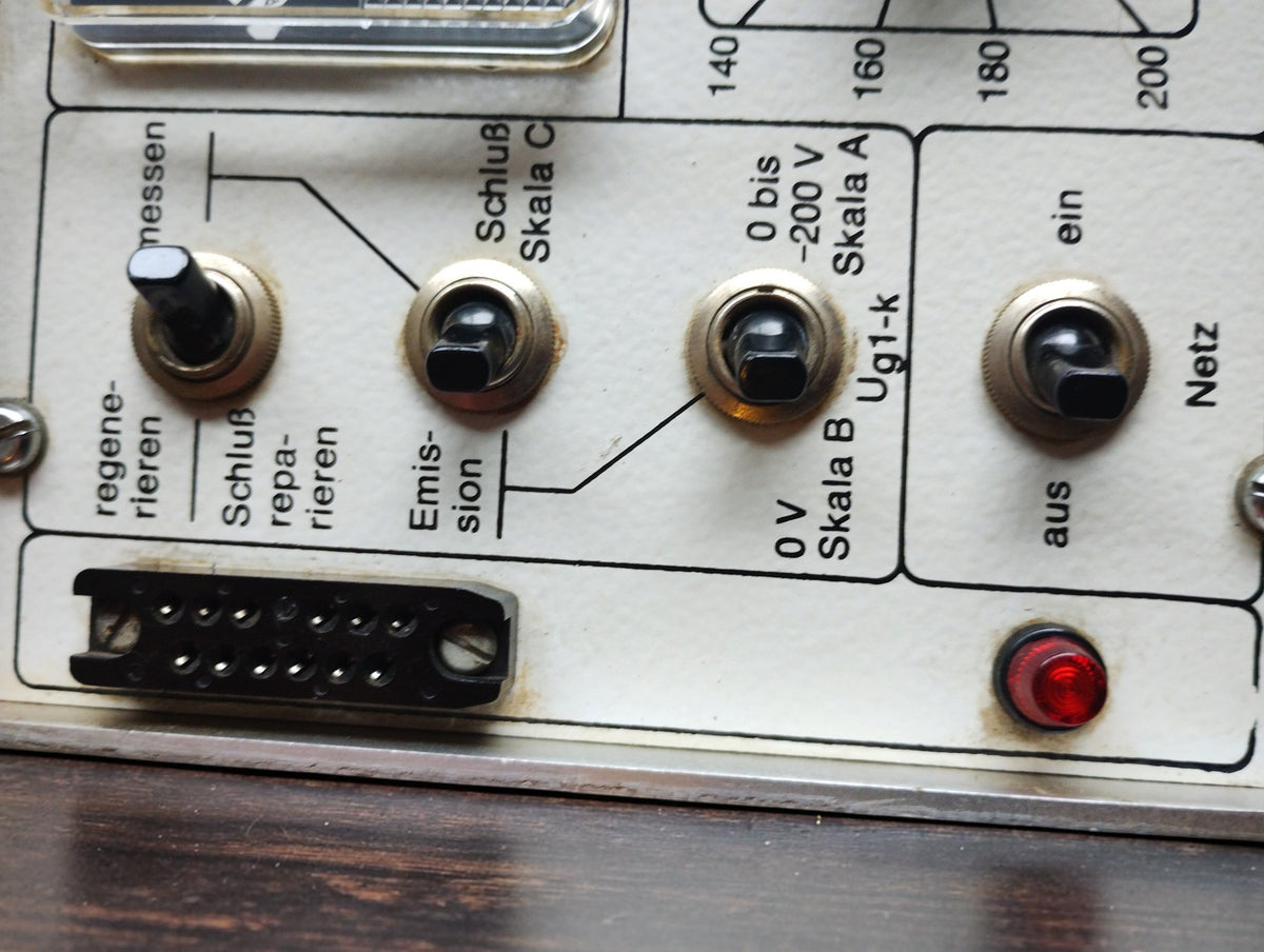 Müter BMR 7 left control panel with test selector switches, multipin connector and red indicator light

