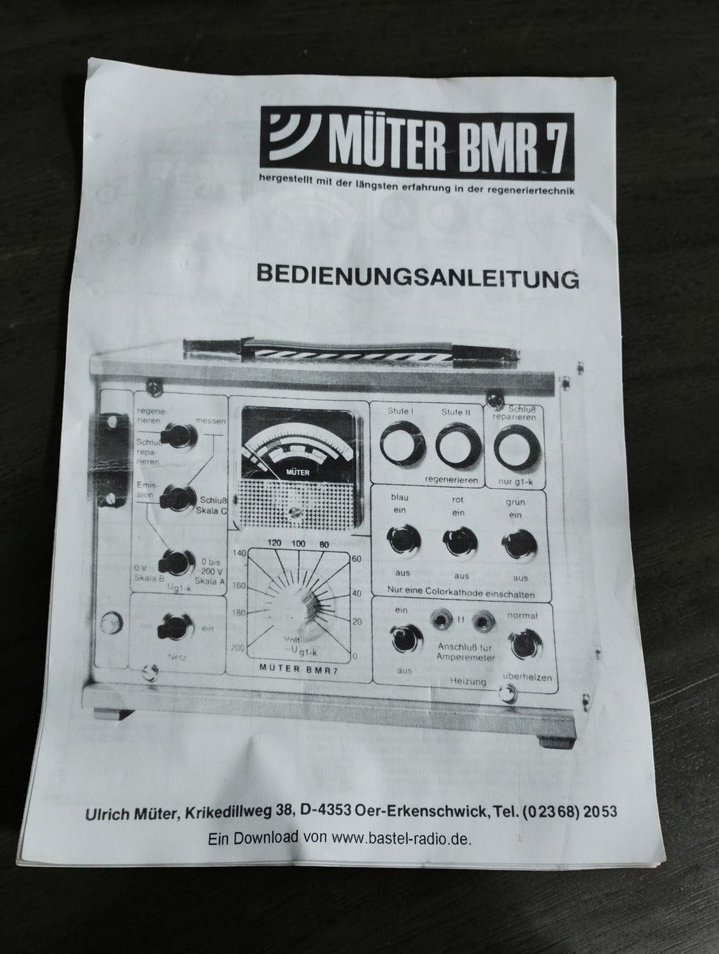 Printed German operating manual for the Müter BMR 7 CRT picture tube tester and regenerator
