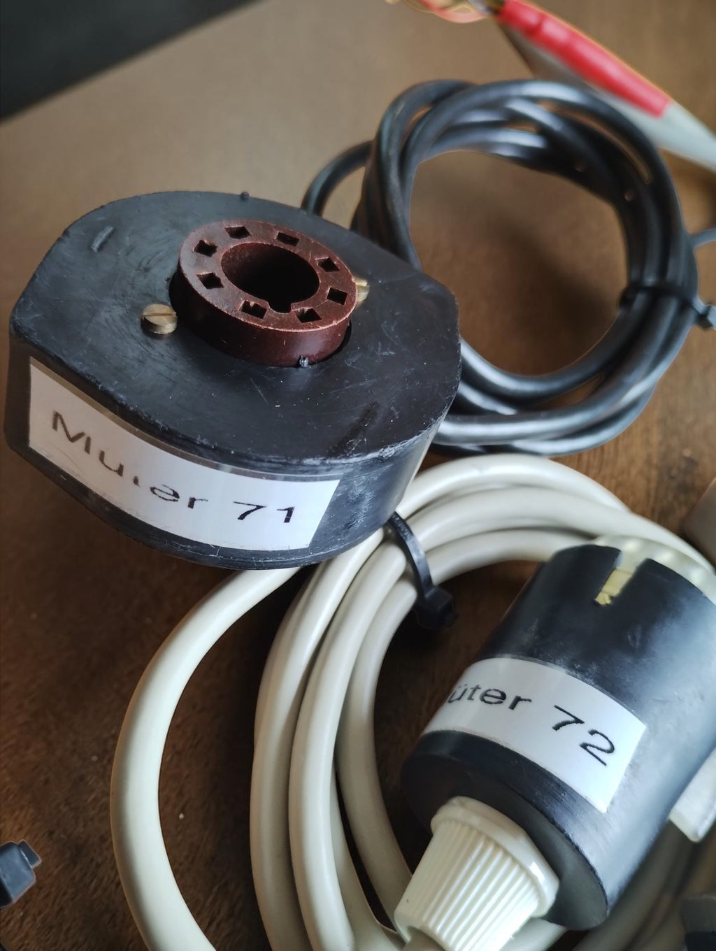 Müter 71 and Müter 72 CRT test adapters with tube sockets and coiled connection cables
