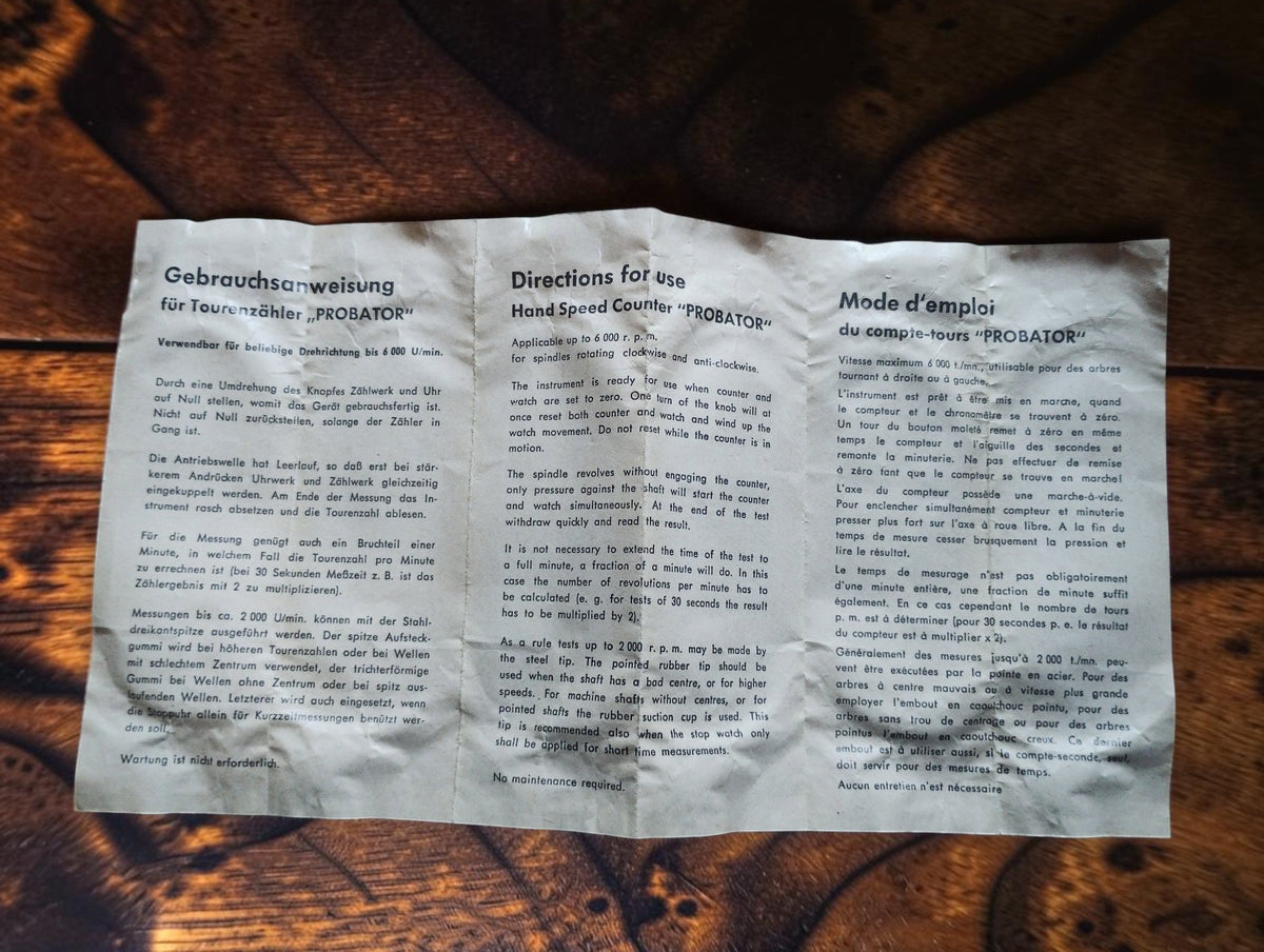 Original multilingual instruction leaflet for the Probator hand speed counter
