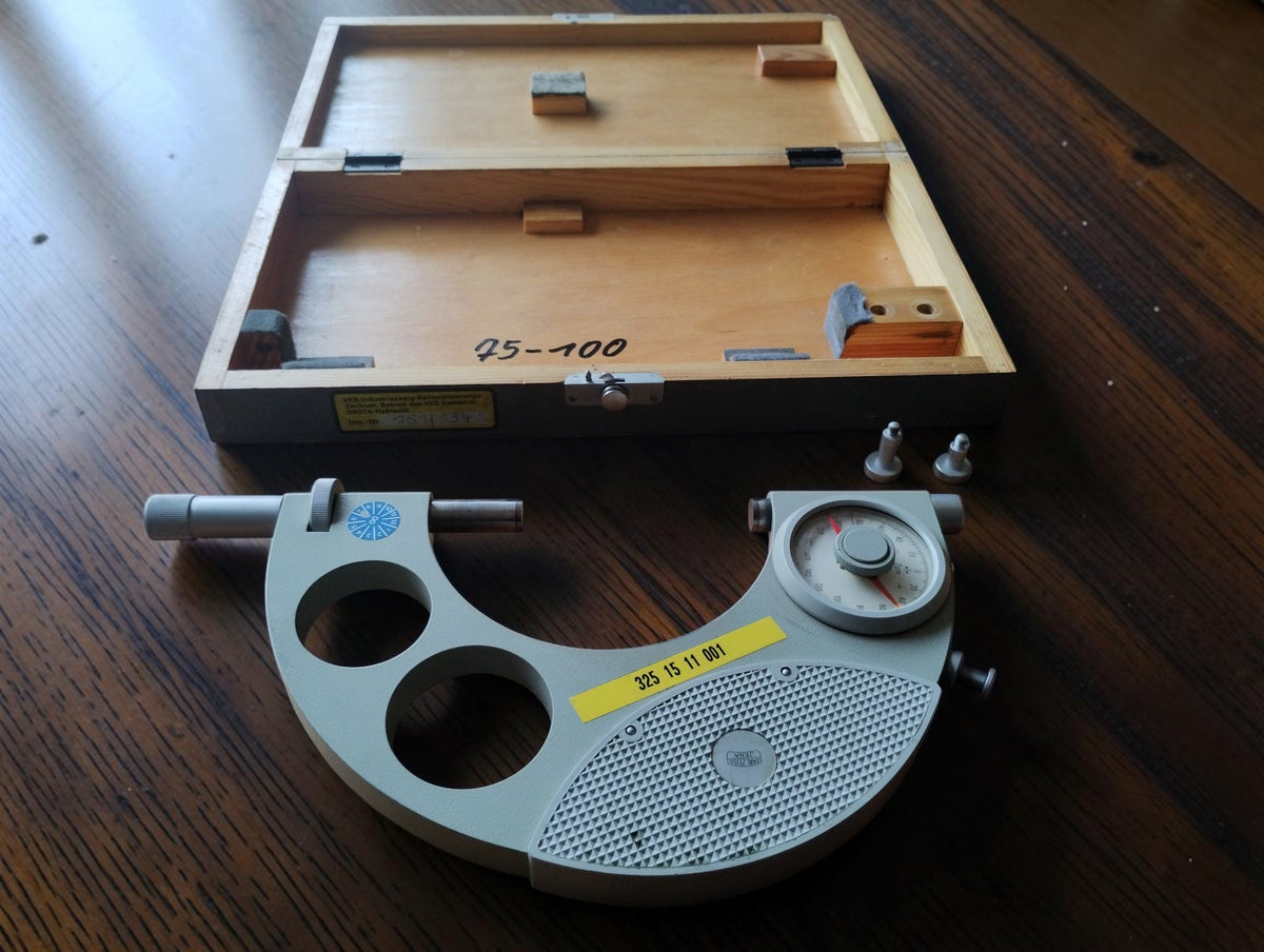 Vintage Carl Zeiss Jena Passameter 75–100 mm indicatiemicrometer met houten kist
