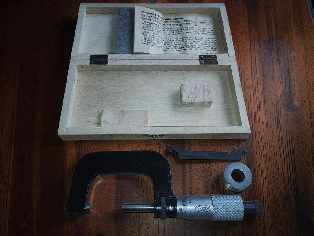Steinmeyer Ebingen Outside Micrometer 25–50 mm with Wooden Case and Accessories
