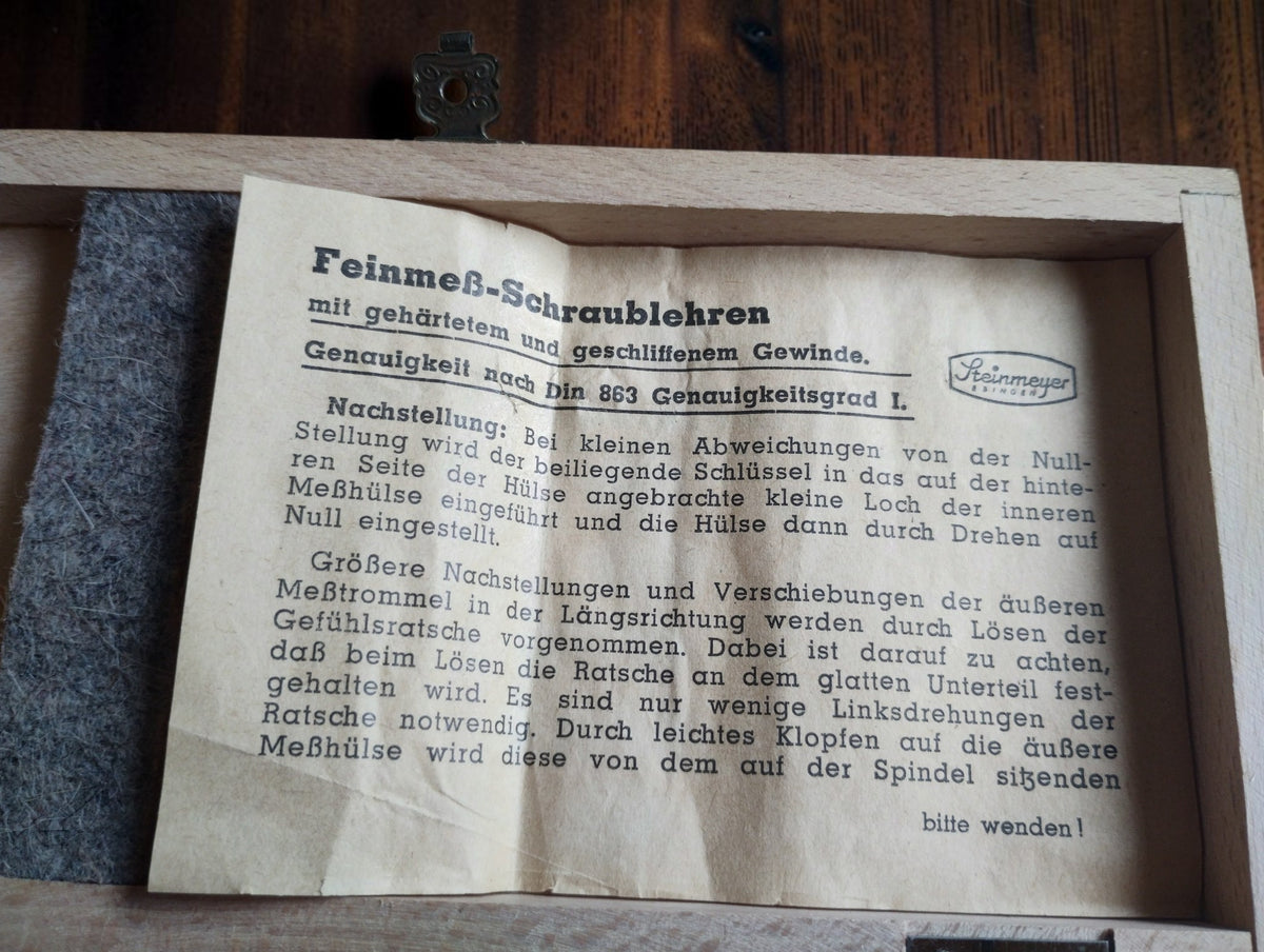 Steinmeyer Ebingen Outside Micrometer 25–50 mm with Wooden Case and Accessories
