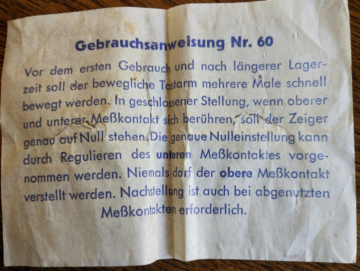 German instruction sheet headed Gebrauchsanweisung Nr. 60, with folds, discoloration and small tears.

