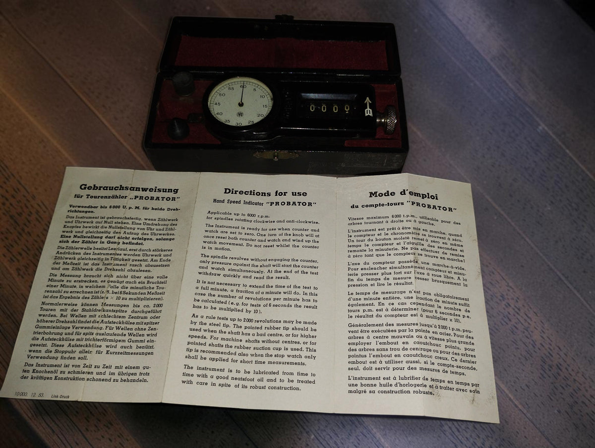 IVO PROBATOR mechanical hand tachometer in a red-lined wooden case with instructions in German, English and French
