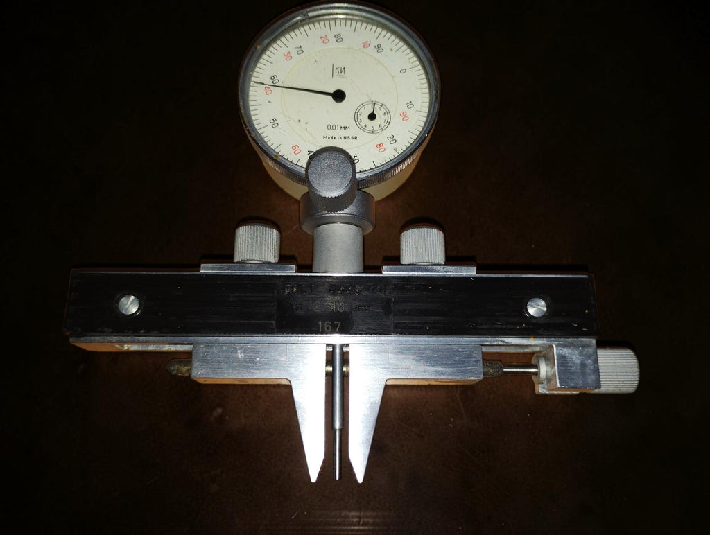 Soviet Type НЦ gear tooth displacement gauge with the dial indicator fitted to the measuring frame

