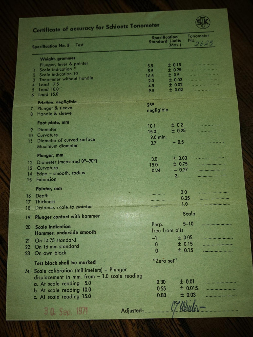 Green certificate of accuracy for the SK Schiötz tonometer, with specification details, signature and September 1971 date stamp.

