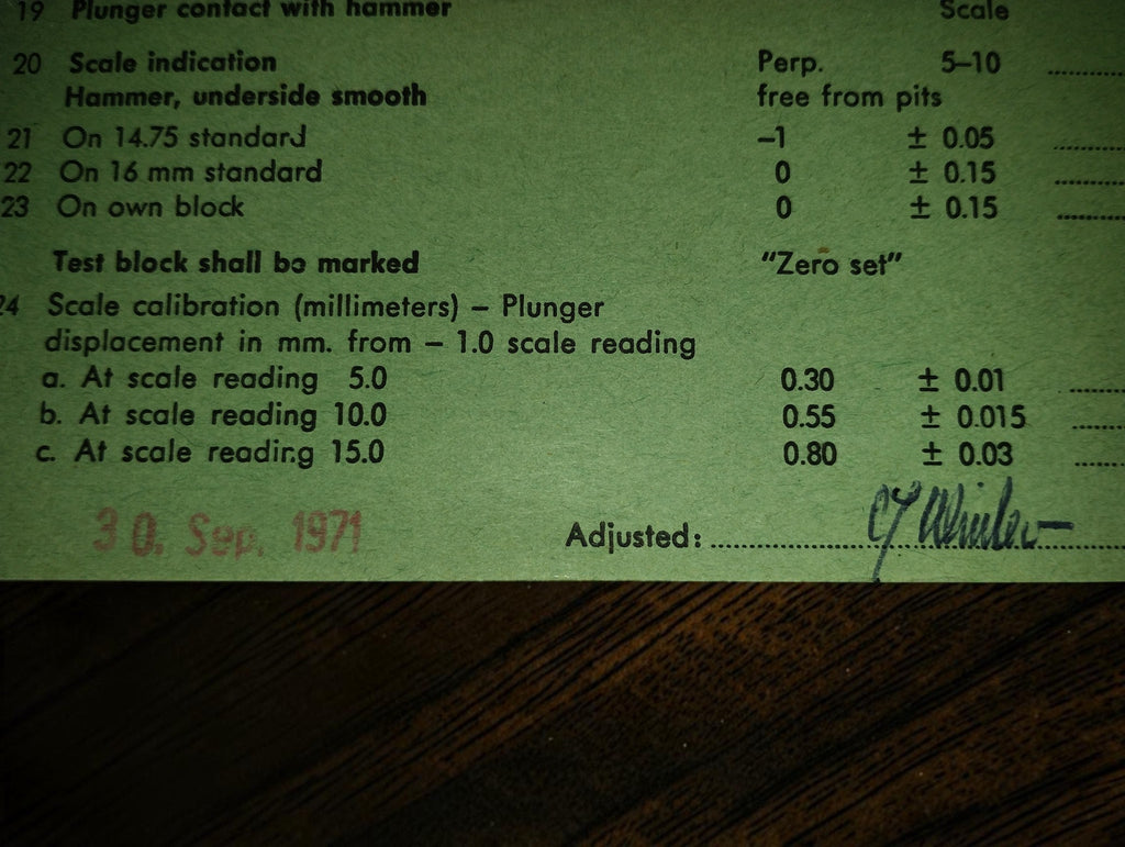 Close-up of the Schiötz tonometer certificate showing the 30 September 1971 date stamp and adjustment signature.

