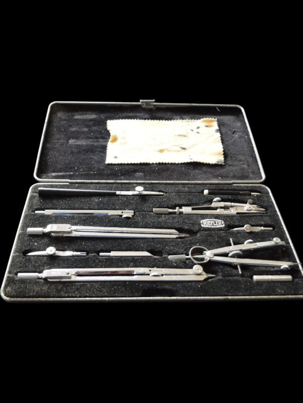 Vintage RIEFLER Precision Drawing Instrument Set in Hammered Metal Case