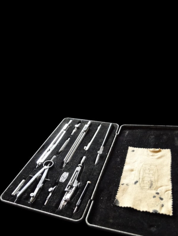 Vintage RIEFLER Precision Drawing Instrument Set in Hammered Metal Case