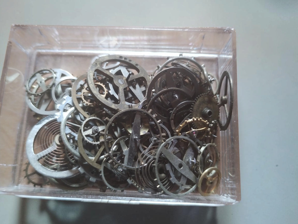 Three open clear boxes with lids displaying assorted vintage watch movement parts, balance wheels and gears.
