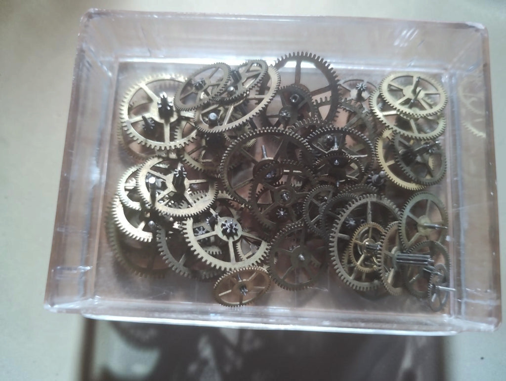 Close-up of overlapping vintage watch gears with spoked centers, fine teeth and small projecting shafts in a clear box.
